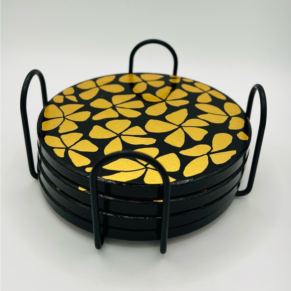 Hand-Painted Black and Gold Floral Coaster Set – Set of 4